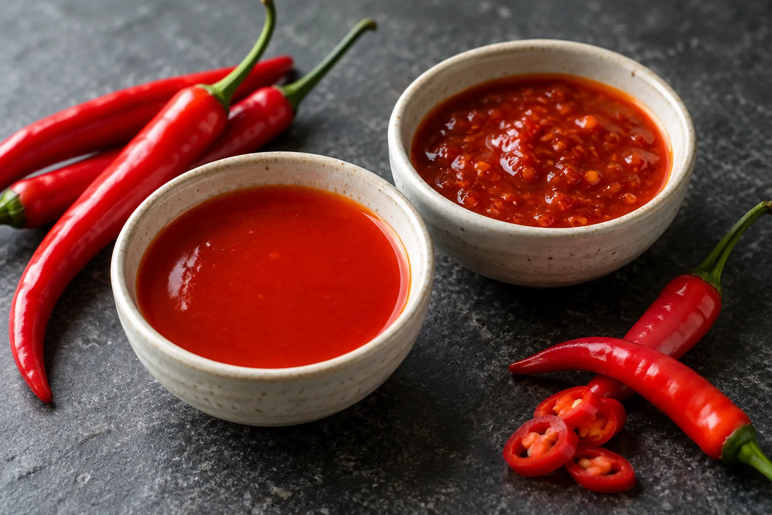 Two bowls of red hot sauce with fresh chili peppers.