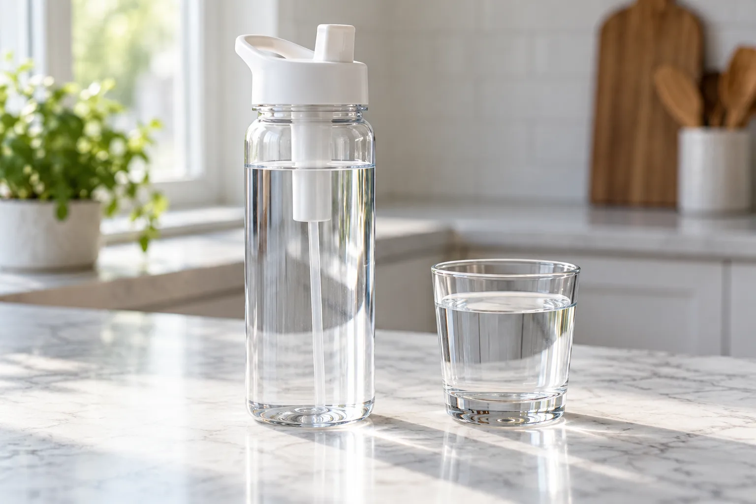 A clear reusable water bottle beside a glass of water.
