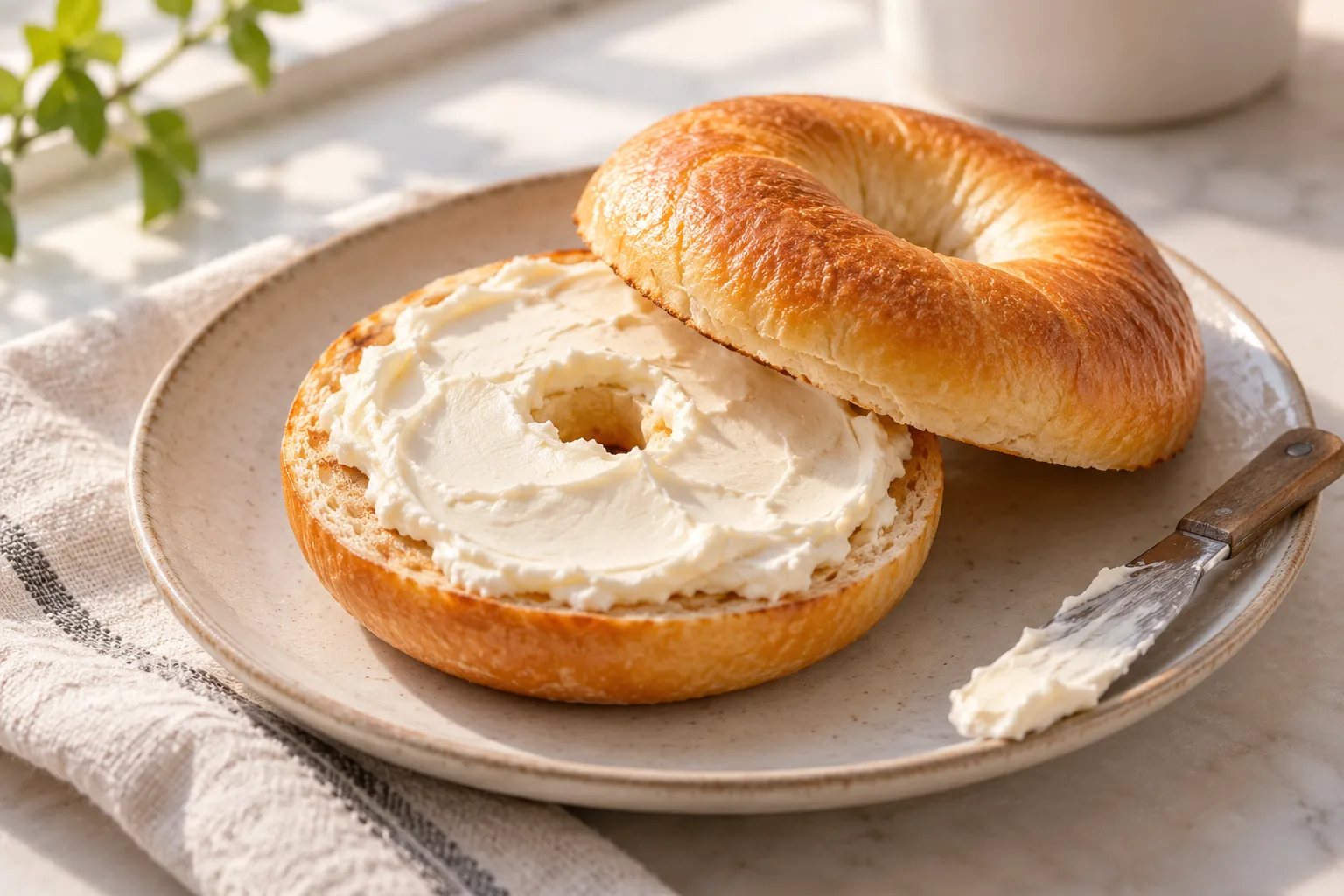 Two bagel halves spread with cream cheese.