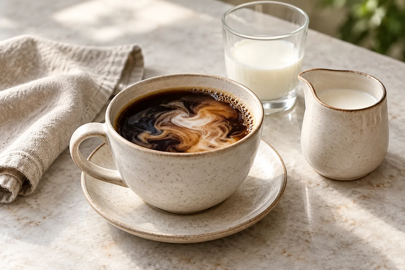Coffee with a swirl of cream beside a small creamer jug and a glass of milk.