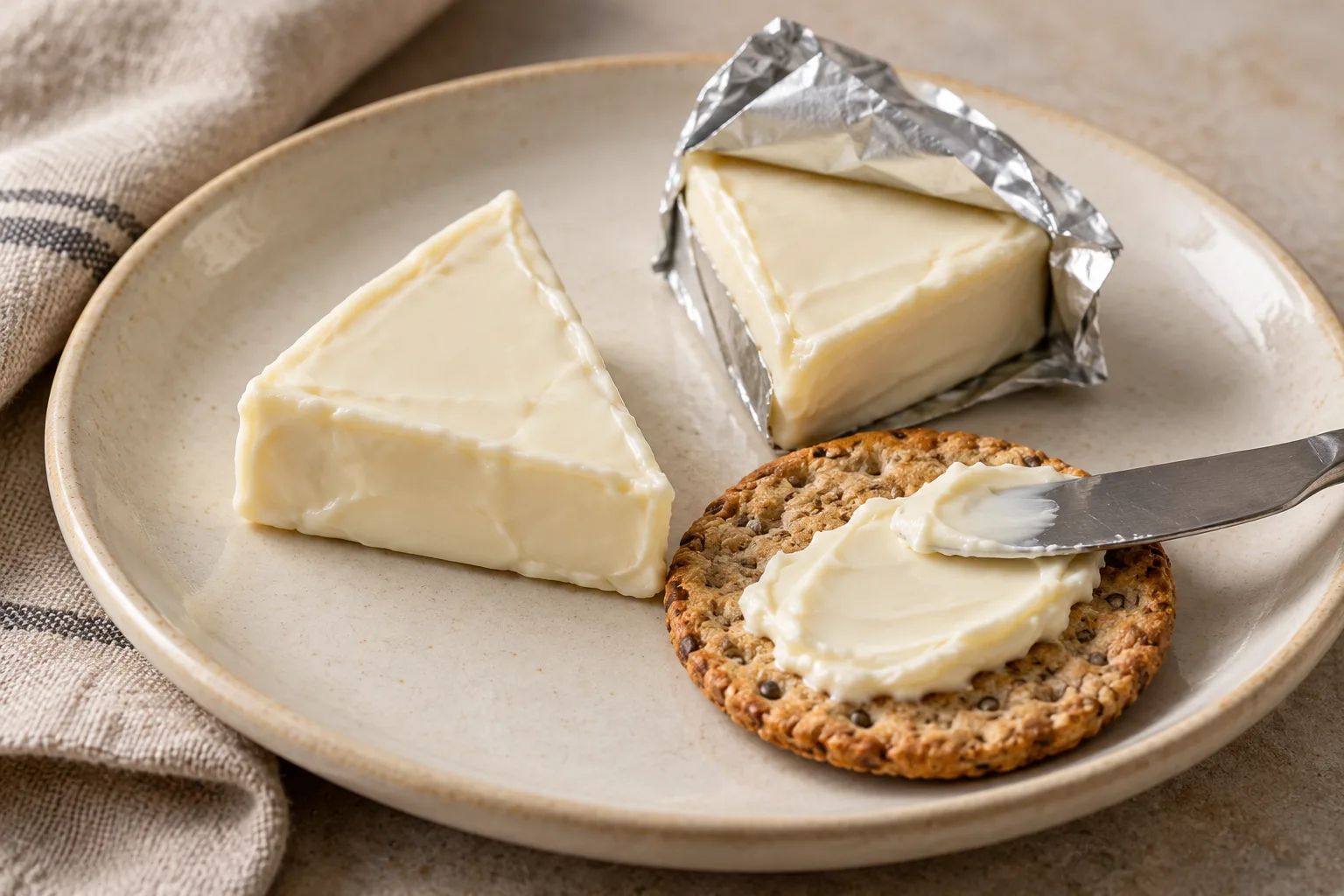 Creamy triangular cheese wedges with plain foil and a whole-grain cracker.