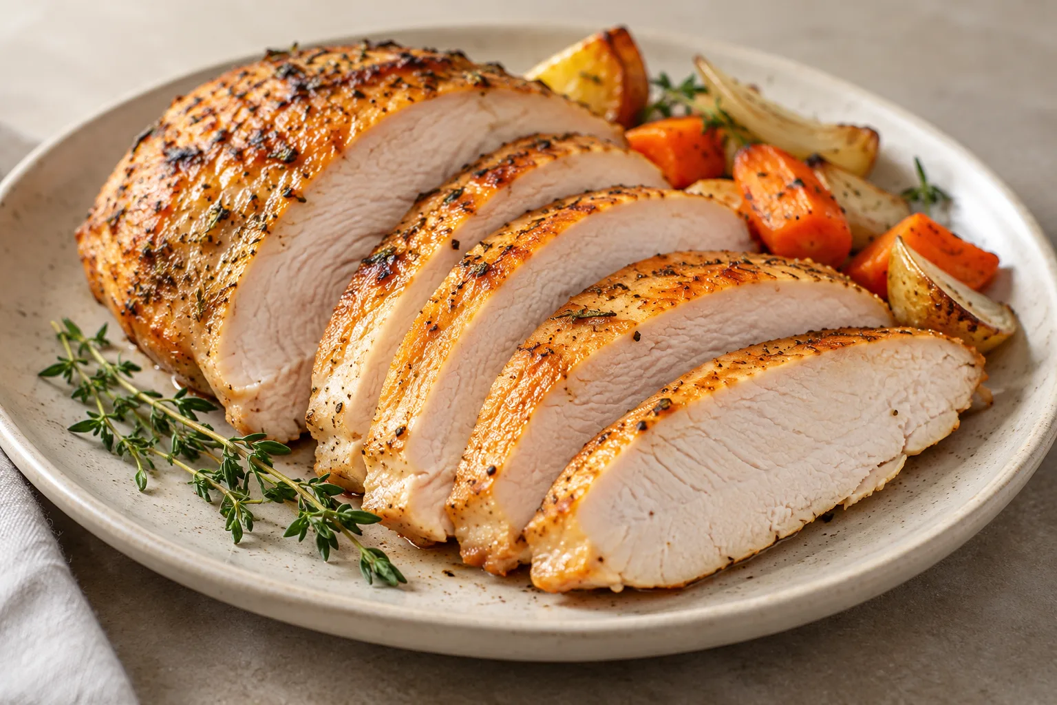 Sliced roasted turkey breast with herbs and a few roasted vegetables.