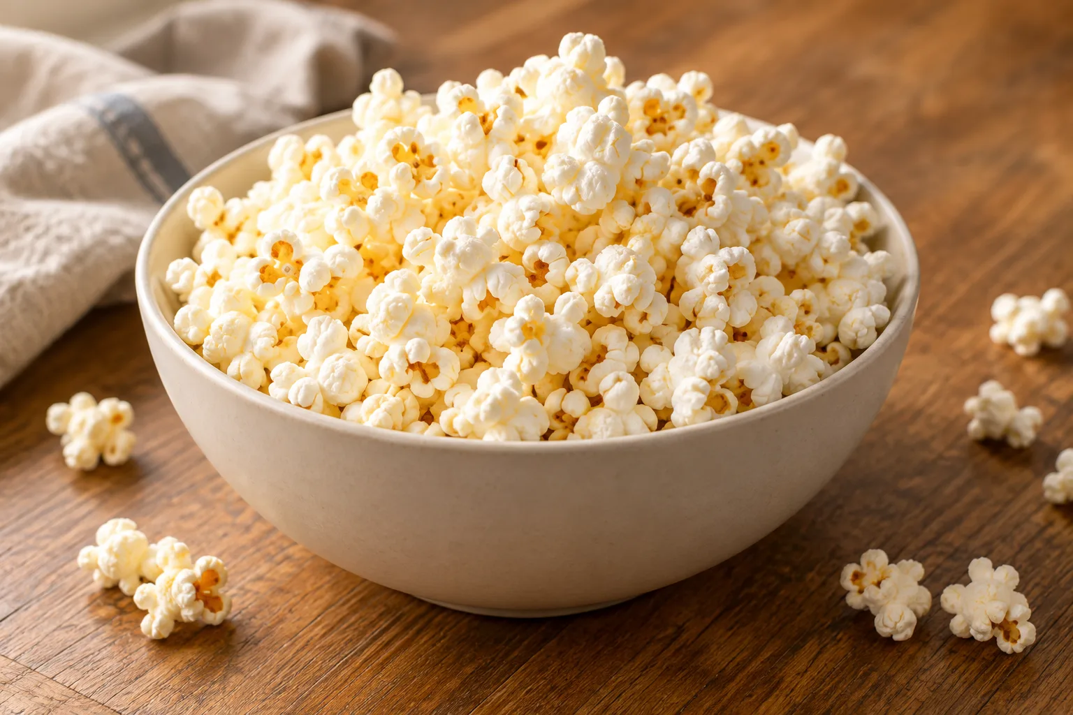 Plain popcorn in a ceramic bowl on a wooden table.