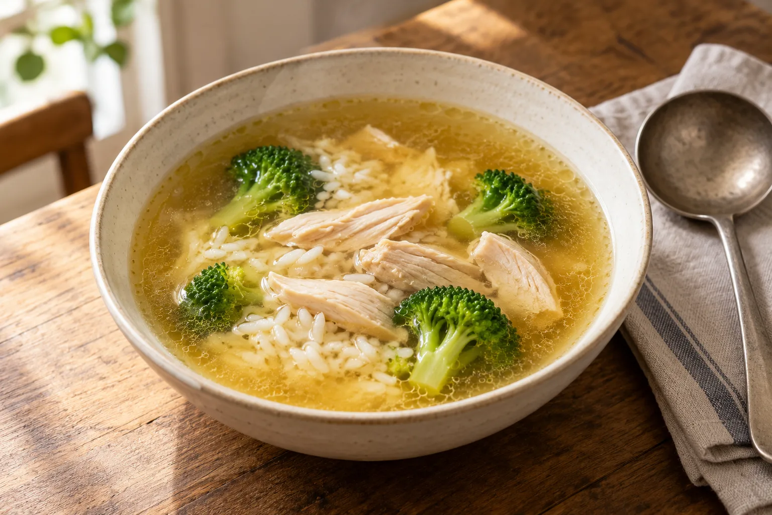Golden chicken broth with cooked chicken, rice and broccoli in a ceramic bowl.