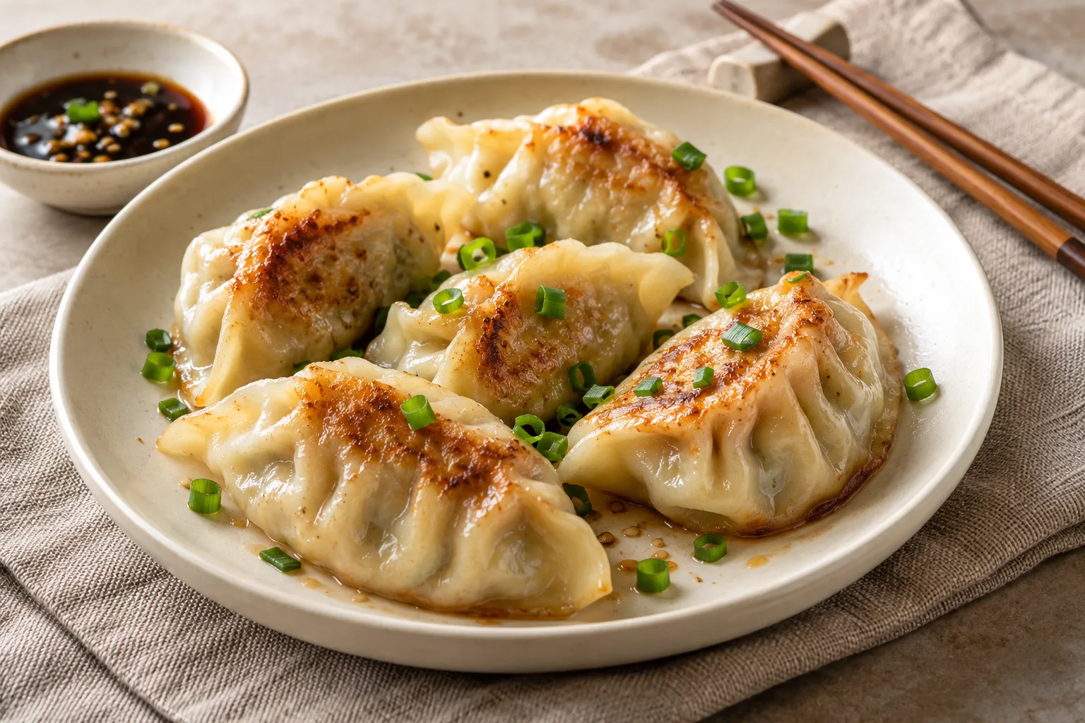 Pleated pan-seared dumplings on a plate with a small dipping sauce bowl.